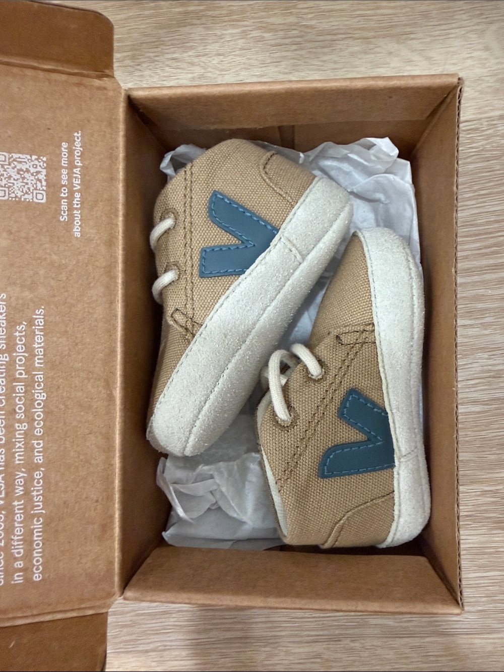 Veja Kids Tan Canvas Sneakers with Blue Accent